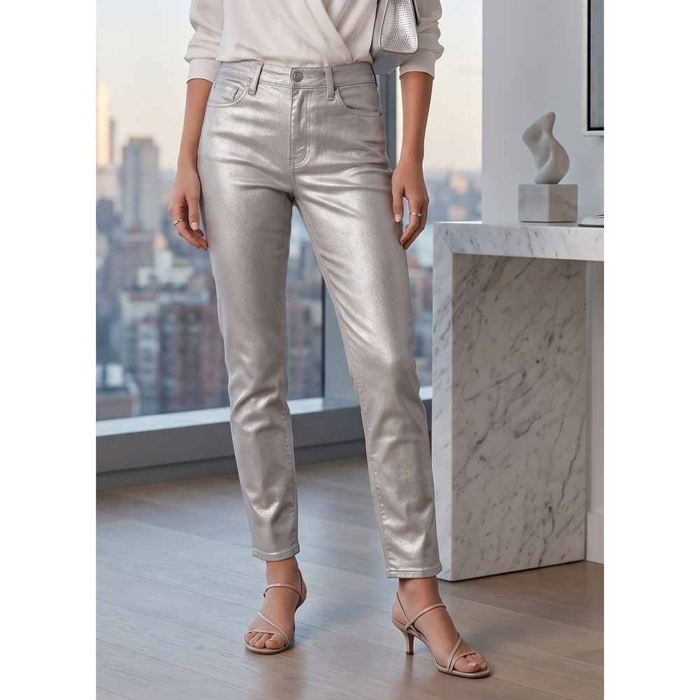 Lands End Silver Metallic Jeans Women's 6 Stretch Denim High‎ Rise Slim Ankle